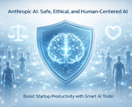 Futuristic illustration of ethical and human-centered artificial intelligence showing a glowing AI brain protected by a shield, connected human silhouettes, and symbols of safety and ethics in soft blue tones.
