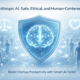 Futuristic illustration of ethical and human-centered artificial intelligence showing a glowing AI brain protected by a shield, connected human silhouettes, and symbols of safety and ethics in soft blue tones.