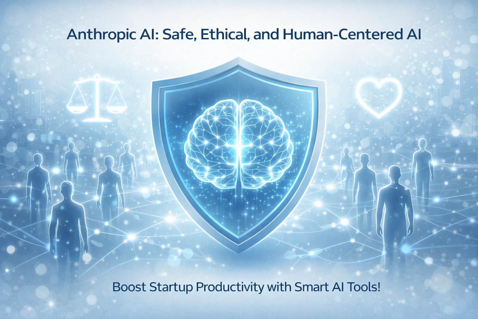 Futuristic illustration of ethical and human-centered artificial intelligence showing a glowing AI brain protected by a shield, connected human silhouettes, and symbols of safety and ethics in soft blue tones.