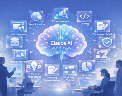 Futuristic illustration of Claude AI by Anthropic enhanced with 12 powerful plugins for web browsing, data analysis, coding, automation, safety, and workflow tools.