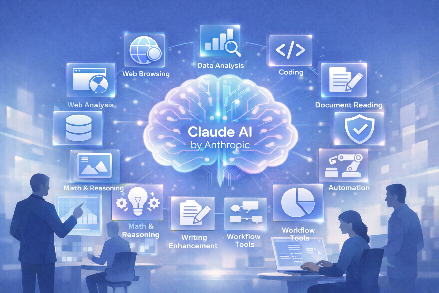 Futuristic illustration of Claude AI by Anthropic enhanced with 12 powerful plugins for web browsing, data analysis, coding, automation, safety, and workflow tools.