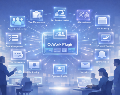 Modern illustration of the CoWork Plugin as a digital workspace hub showing team collaboration, task management, workflow automation, AI assistance, file sharing, project tracking, communication, notifications, and security.