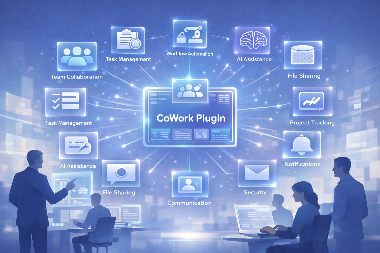Modern illustration of the CoWork Plugin as a digital workspace hub showing team collaboration, task management, workflow automation, AI assistance, file sharing, project tracking, communication, notifications, and security.