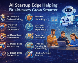 Modern infographic showing how AI Startup Edge helps businesses grow smarter through AI-powered decision-making, marketing optimisation, cost reduction, financial planning, lead generation, and scalable operations.