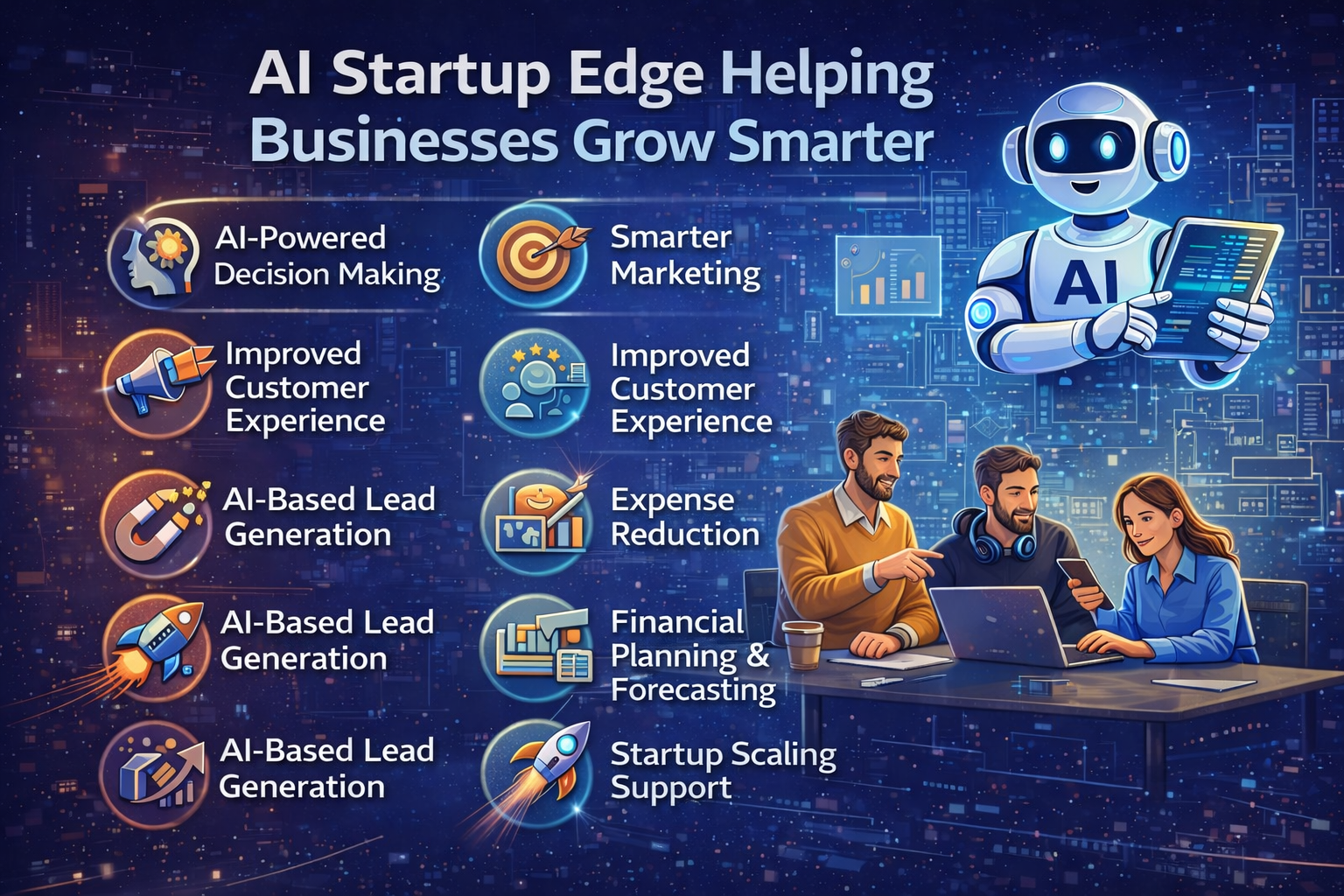 Modern infographic showing how AI Startup Edge helps businesses grow smarter through AI-powered decision-making, marketing optimisation, cost reduction, financial planning, lead generation, and scalable operations.