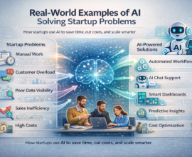 Guide-style infographic showing real-world examples of AI solving startup problems, where manual work, customer overload, poor data visibility, sales inefficiency, and high costs are transformed into AI-powered solutions like automation, smart dashboards, chat support, and predictive insights.