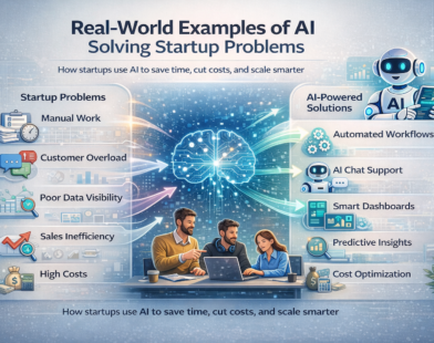 Guide-style infographic showing real-world examples of AI solving startup problems, where manual work, customer overload, poor data visibility, sales inefficiency, and high costs are transformed into AI-powered solutions like automation, smart dashboards, chat support, and predictive insights.
