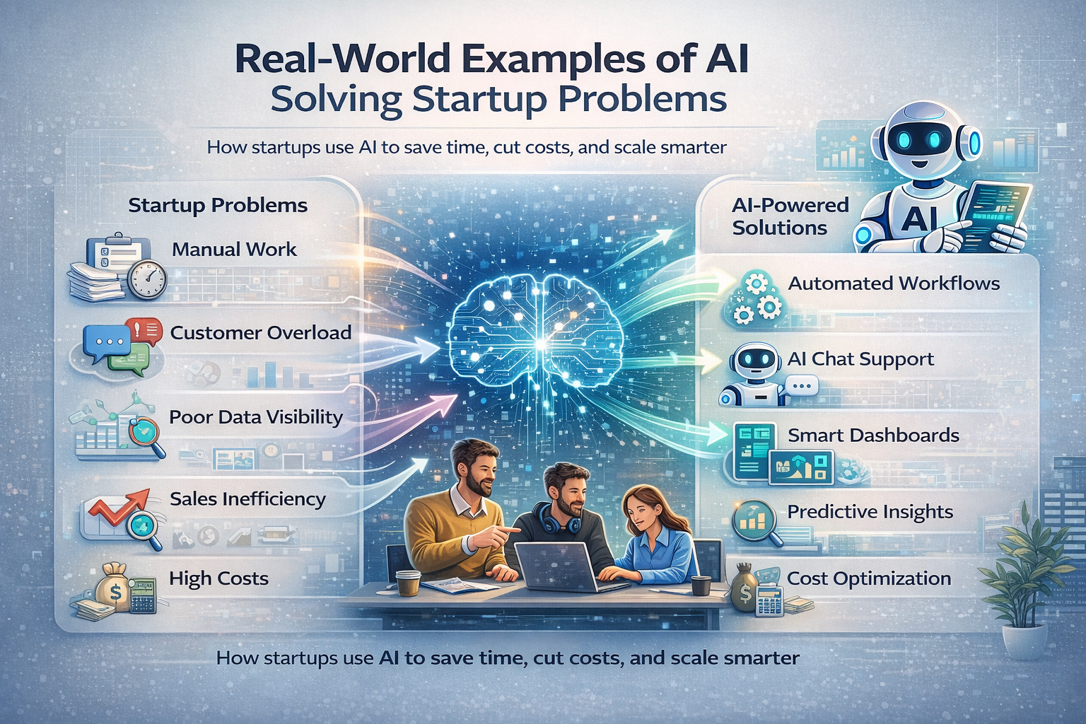 Guide-style infographic showing real-world examples of AI solving startup problems, where manual work, customer overload, poor data visibility, sales inefficiency, and high costs are transformed into AI-powered solutions like automation, smart dashboards, chat support, and predictive insights.