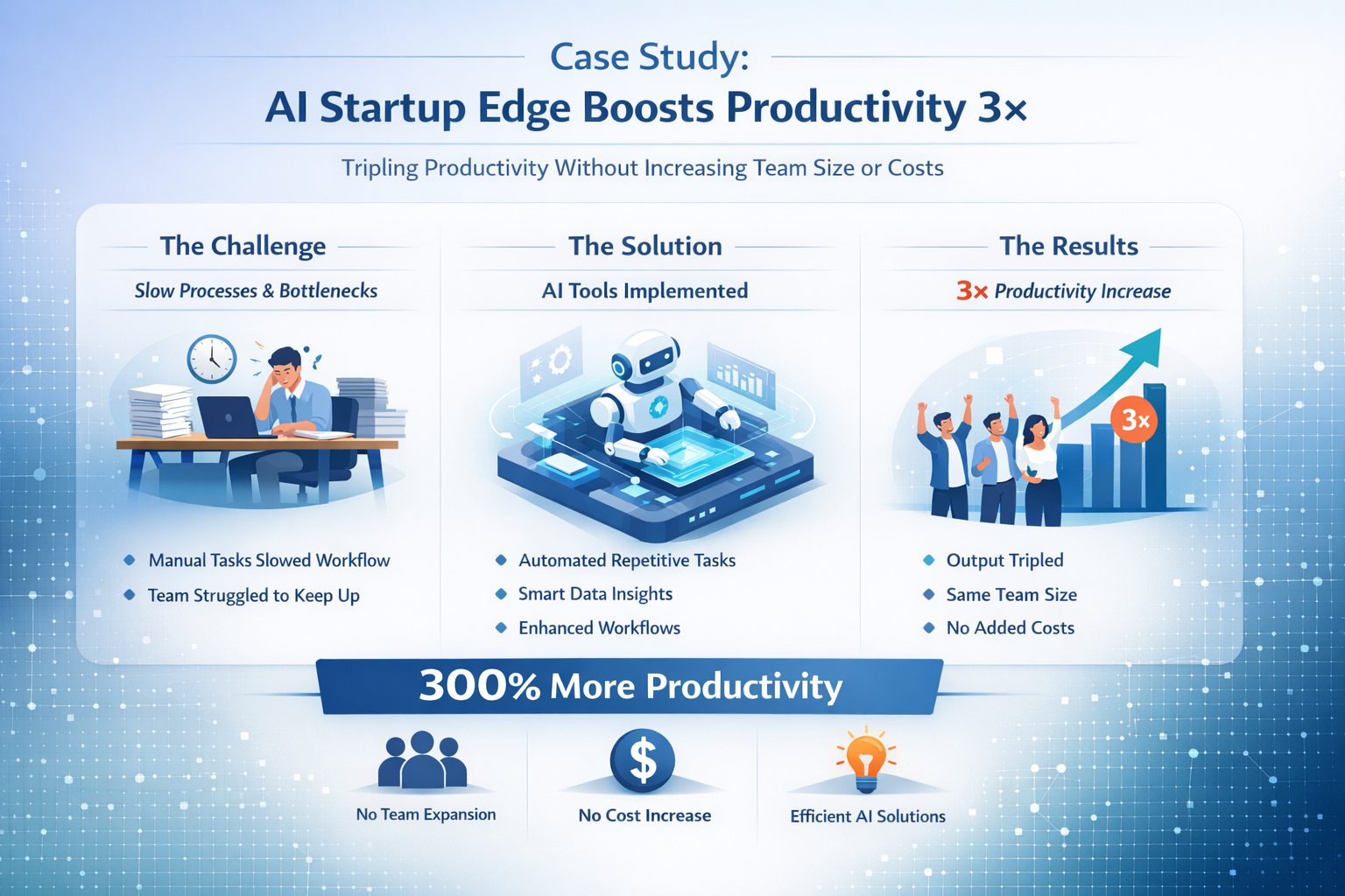 Case study infographic showing how AI Startup Edge tripled productivity using AI automation, smart workflows, and data-driven insights without increasing team size or costs.