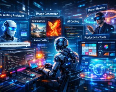 Futuristic digital collage showing top AI tools of 2026 including AI writing assistants, image generation platforms, coding agents, productivity dashboards, CRM systems, and mixed reality holographic interfaces in a neon high-tech environment.