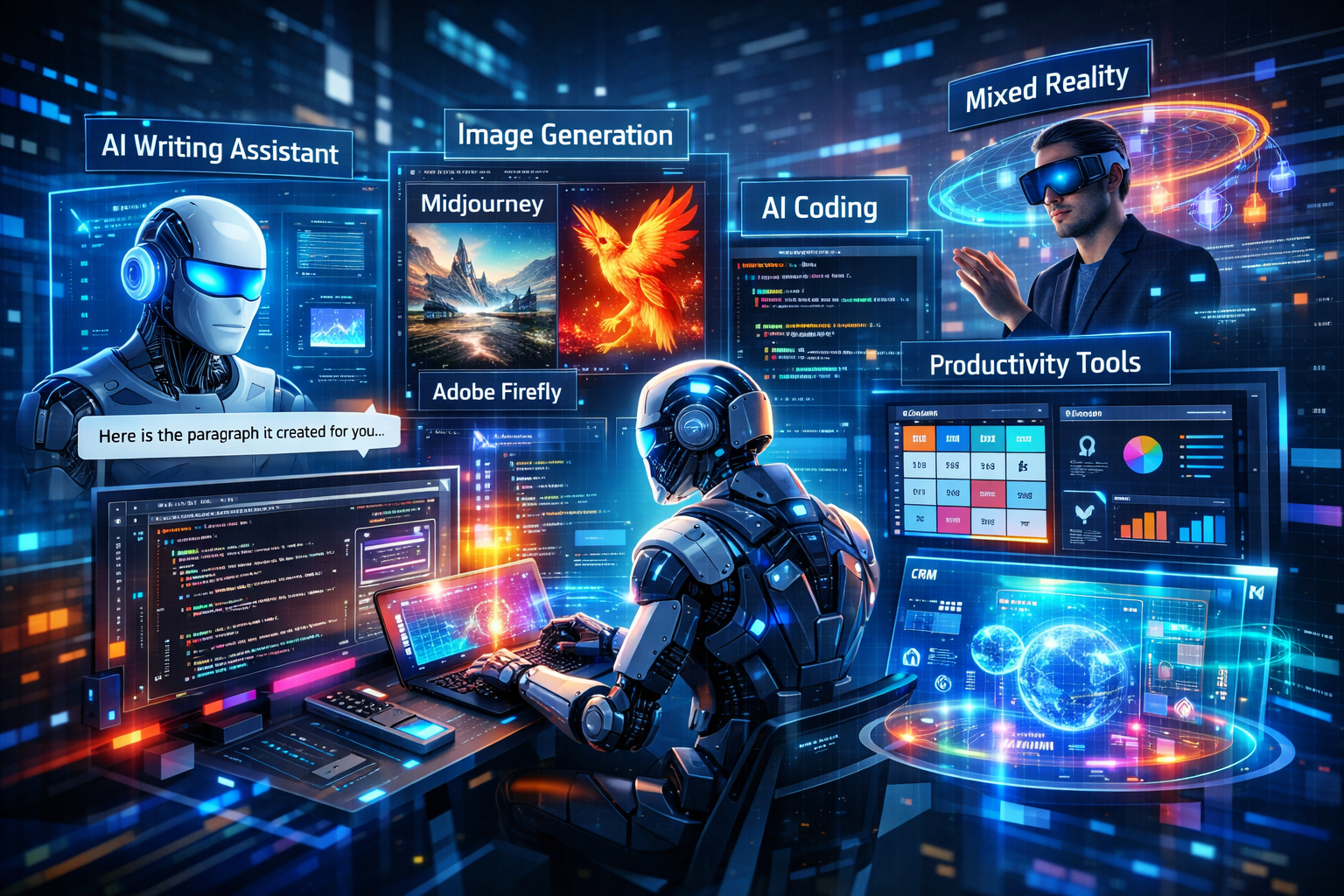 Futuristic digital collage showing top AI tools of 2026 including AI writing assistants, image generation platforms, coding agents, productivity dashboards, CRM systems, and mixed reality holographic interfaces in a neon high-tech environment.