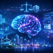 Futuristic illustration of a glowing AI brain with healthcare, generative AI, ethical AI, cybersecurity, and smart city sustainability elements in a blue high-tech background.