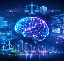 Futuristic illustration of a glowing AI brain with healthcare, generative AI, ethical AI, cybersecurity, and smart city sustainability elements in a blue high-tech background.