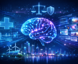 Futuristic illustration of a glowing AI brain with healthcare, generative AI, ethical AI, cybersecurity, and smart city sustainability elements in a blue high-tech background.