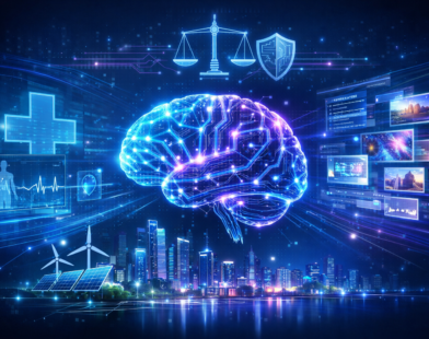 Futuristic illustration of a glowing AI brain with healthcare, generative AI, ethical AI, cybersecurity, and smart city sustainability elements in a blue high-tech background.