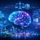 Futuristic illustration of a glowing AI brain with healthcare, generative AI, ethical AI, cybersecurity, and smart city sustainability elements in a blue high-tech background.