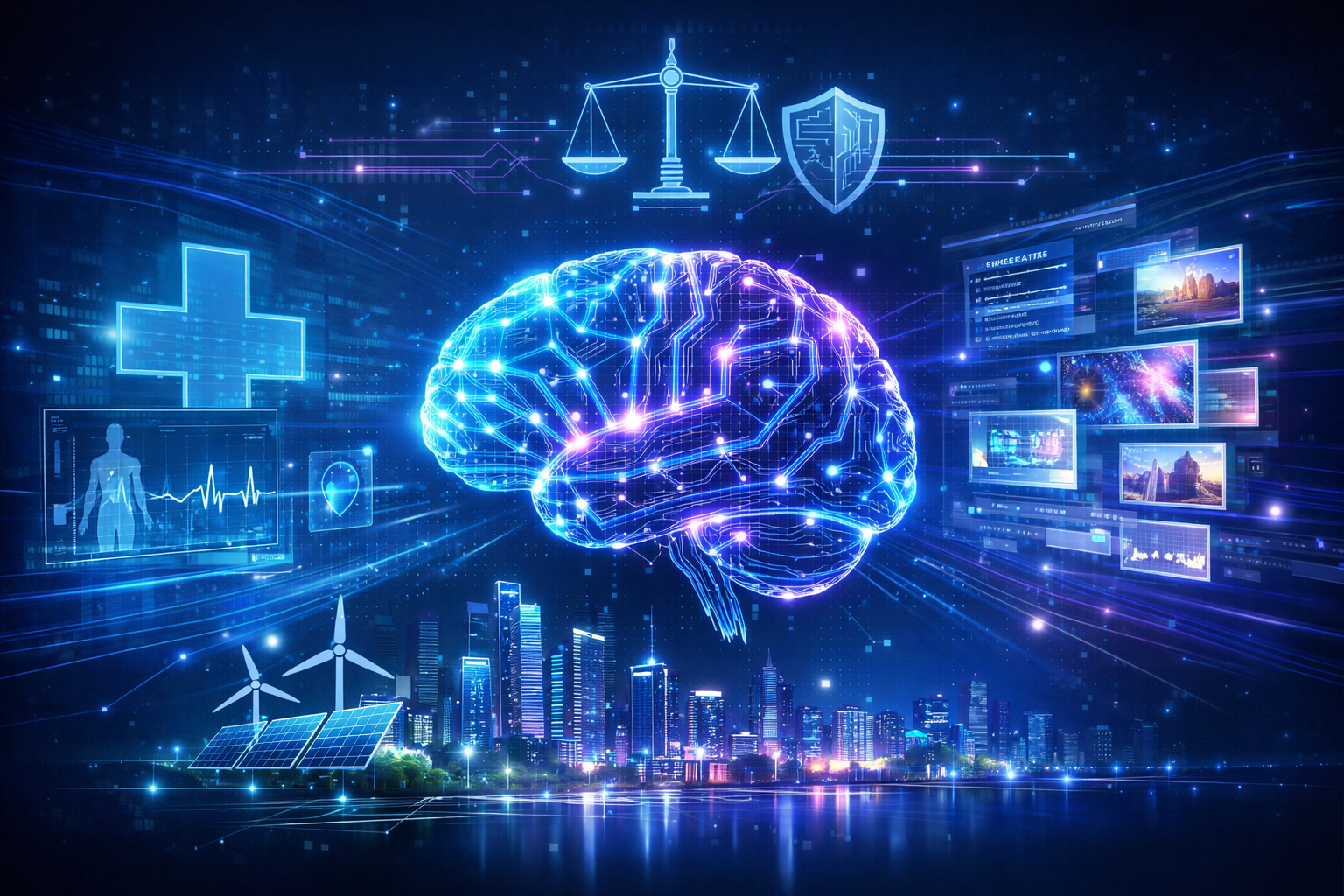 Futuristic illustration of a glowing AI brain with healthcare, generative AI, ethical AI, cybersecurity, and smart city sustainability elements in a blue high-tech background.