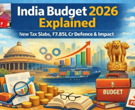 Illustration showing Finance Minister Nirmala Sitharaman presenting the India Union Budget 2026 in Parliament with key economic indicators and fiscal charts.