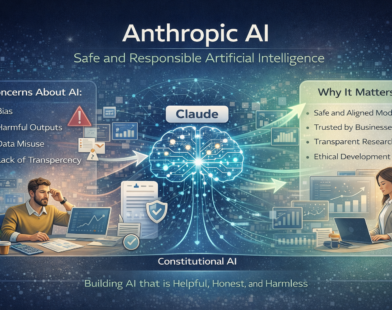 Modern digital infographic illustrating Anthropic AI with a central AI brain or neural network connected to ethical guidelines, safety principles, business dashboards, and data streams, representing safe and responsible artificial intelligence development.