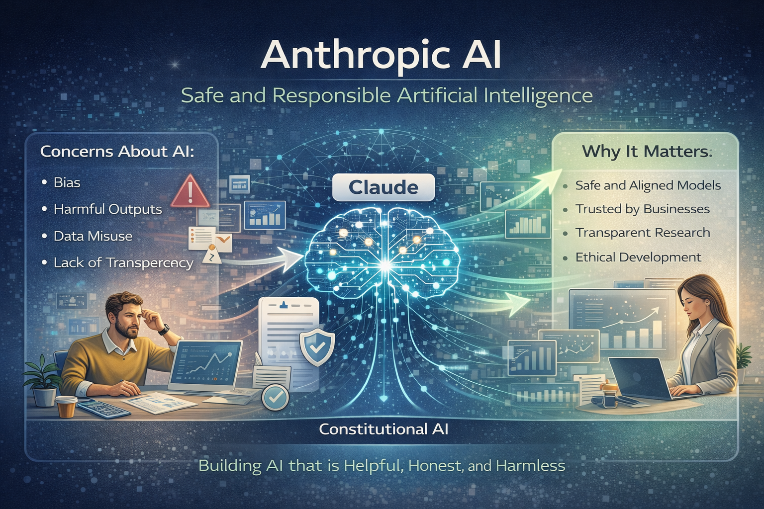 Modern digital infographic illustrating Anthropic AI with a central AI brain or neural network connected to ethical guidelines, safety principles, business dashboards, and data streams, representing safe and responsible artificial intelligence development.