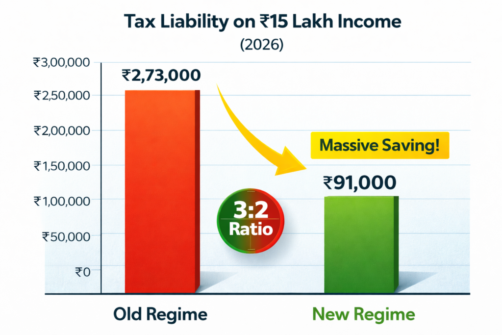 Bar chart comparing tax liability on ₹15 lakh income in 2026: Old tax regime shows ₹2,73,000 tax, while the New tax regime shows ₹91,000, highlighting a large saving under the new regime.