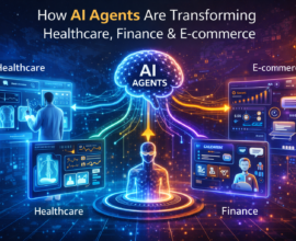 Futuristic infographic showing AI agents connecting healthcare, finance, and e-commerce systems with digital dashboards, medical analysis screens, financial charts, and online shopping interfaces.