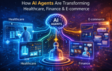 Futuristic infographic showing AI agents connecting healthcare, finance, and e-commerce systems with digital dashboards, medical analysis screens, financial charts, and online shopping interfaces.
