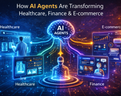 Futuristic infographic showing AI agents connecting healthcare, finance, and e-commerce systems with digital dashboards, medical analysis screens, financial charts, and online shopping interfaces.