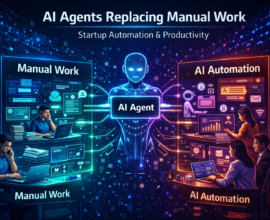 AI agent automating startup tasks showing manual office work on one side and AI automation managing marketing, customer support, and analytics on the other.