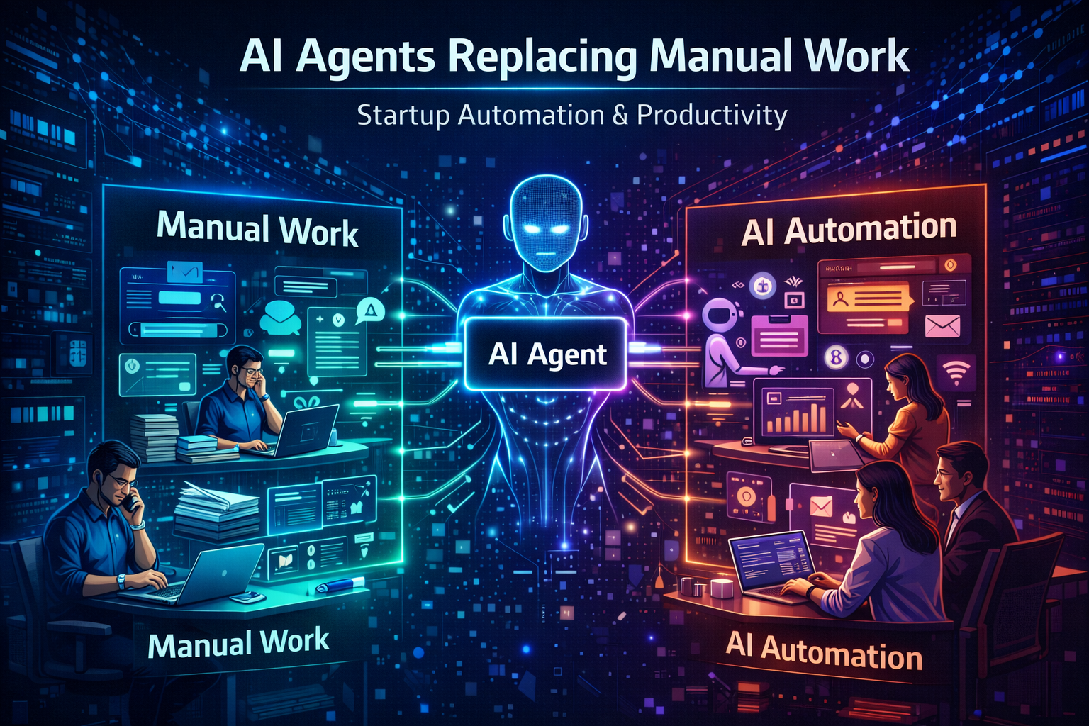 AI agent automating startup tasks showing manual office work on one side and AI automation managing marketing, customer support, and analytics on the other.
