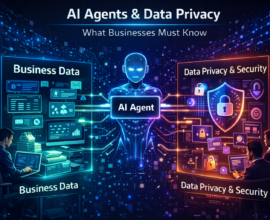 AI agent managing business data with cybersecurity shield and encryption icons showing data privacy and security protection for businesses.