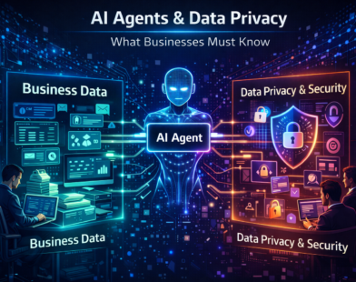 AI agent managing business data with cybersecurity shield and encryption icons showing data privacy and security protection for businesses.