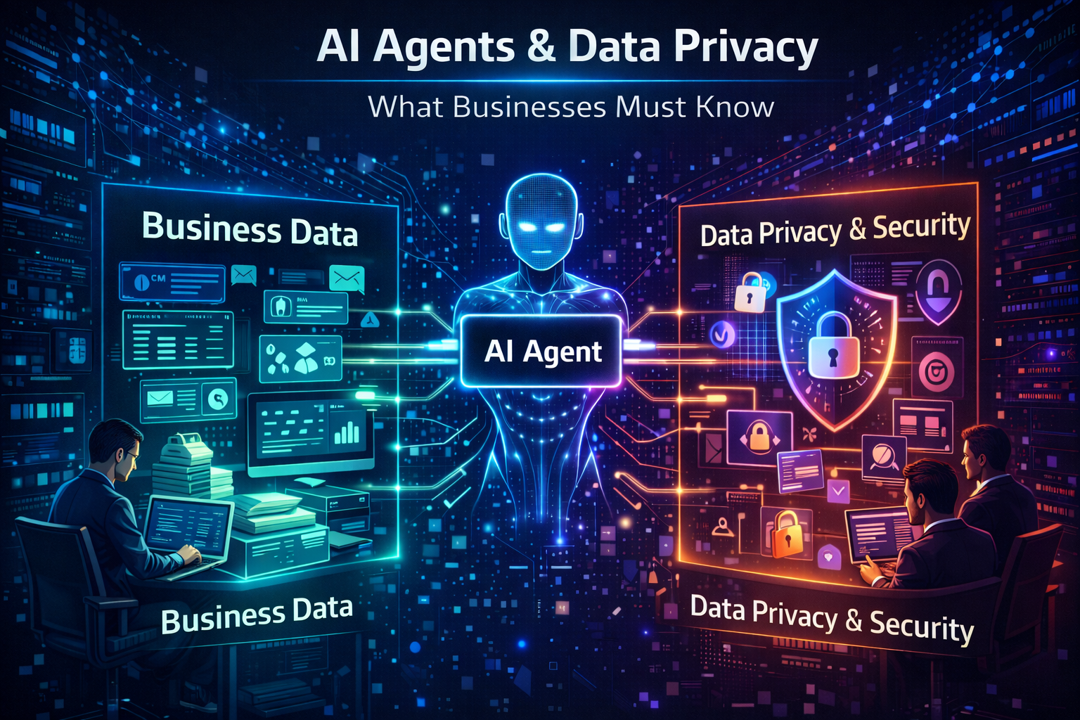 AI agent managing business data with cybersecurity shield and encryption icons showing data privacy and security protection for businesses.
