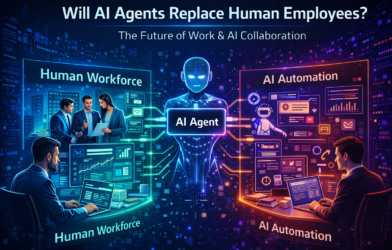AI agent collaborating with human employees in a modern office showing comparison between human workforce and AI automation in the future workplace.