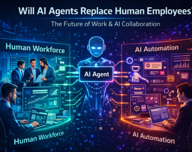 AI agent collaborating with human employees in a modern office showing comparison between human workforce and AI automation in the future workplace.