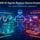 AI agent collaborating with human employees in a modern office showing comparison between human workforce and AI automation in the future workplace.
