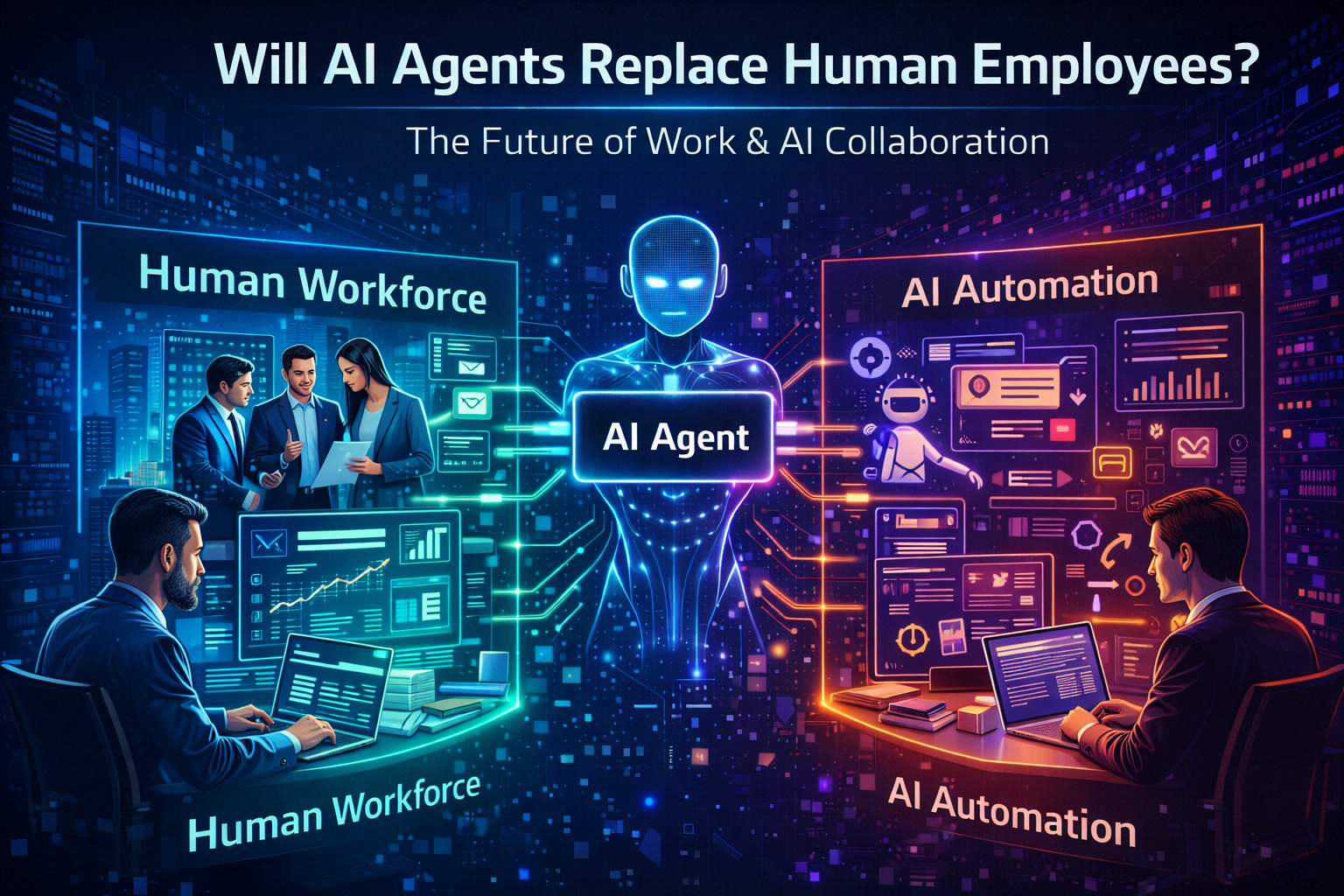 AI agent collaborating with human employees in a modern office showing comparison between human workforce and AI automation in the future workplace.