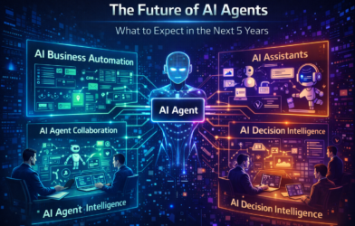 Futuristic AI agent connected to automation dashboards, smart assistants, and decision intelligence systems showing the future of AI agents in business and technology.