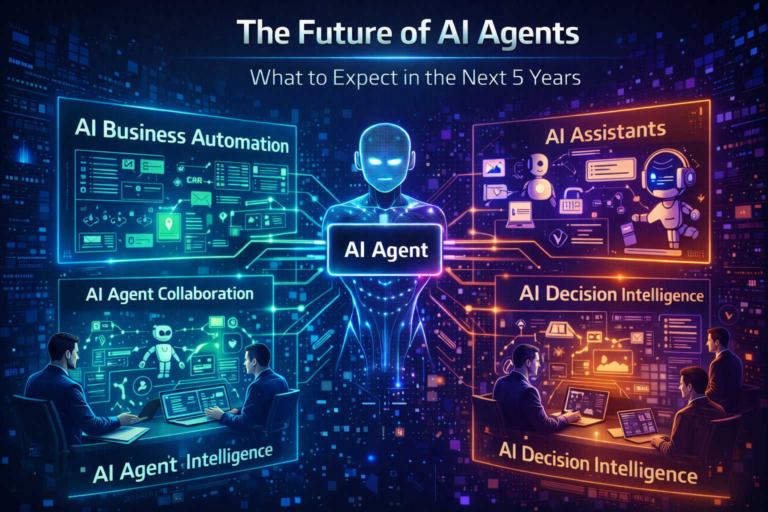 Futuristic AI agent connected to automation dashboards, smart assistants, and decision intelligence systems showing the future of AI agents in business and technology.