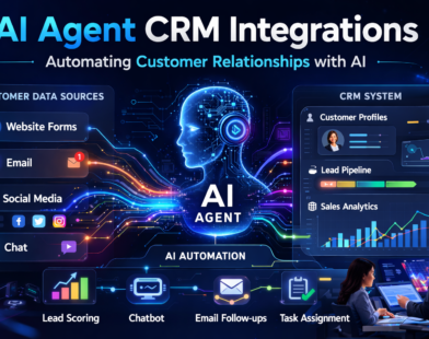 AI agent connecting customer data sources with a CRM system dashboard to automate lead management, sales workflows, and customer relationship management.