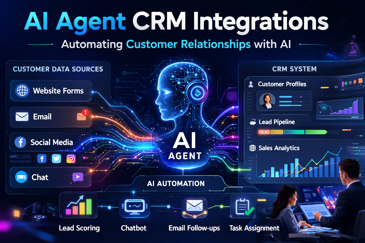 AI agent connecting customer data sources with a CRM system dashboard to automate lead management, sales workflows, and customer relationship management.