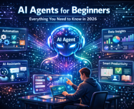 Beginner learning to use an AI agent through a laptop interface showing automation tools, AI assistants, and data insights dashboards.