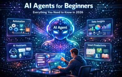 Beginner learning to use an AI agent through a laptop interface showing automation tools, AI assistants, and data insights dashboards.