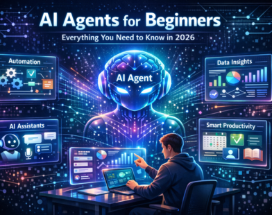 Beginner learning to use an AI agent through a laptop interface showing automation tools, AI assistants, and data insights dashboards.