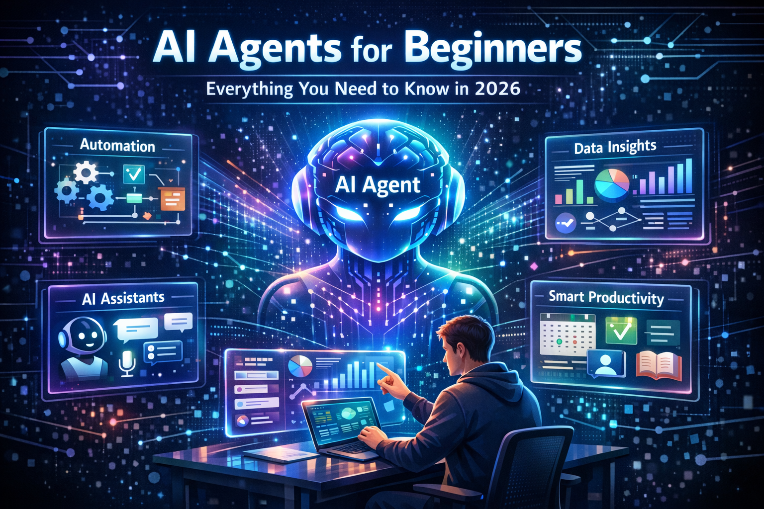 Beginner learning to use an AI agent through a laptop interface showing automation tools, AI assistants, and data insights dashboards.