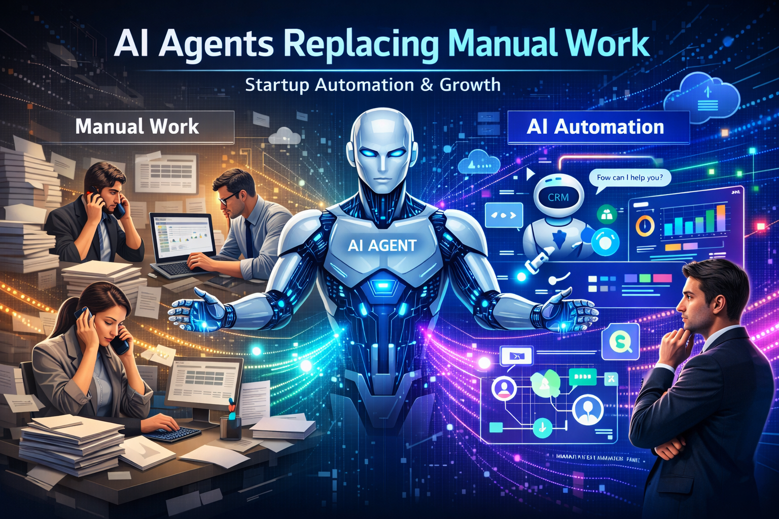 AI agent automating startup tasks replacing manual work with digital dashboards and workflows