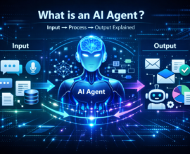 Futuristic AI agent diagram showing input processing output workflow with chatbot, data analysis and automation system
