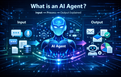 Futuristic AI agent diagram showing input processing output workflow with chatbot, data analysis and automation system