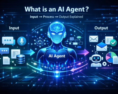 Futuristic AI agent diagram showing input processing output workflow with chatbot, data analysis and automation system