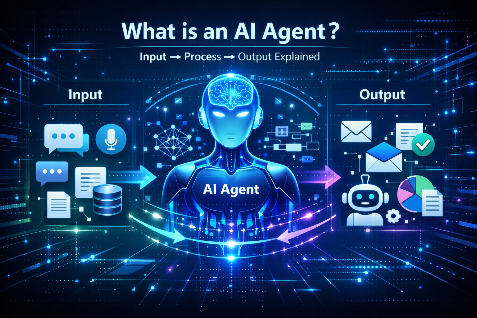 Futuristic AI agent diagram showing input processing output workflow with chatbot, data analysis and automation system